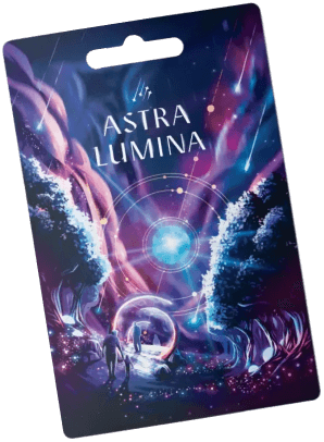 Astral gift card featuring a mystical landscape, people walking through a portal, and the words "Astra Lumina".