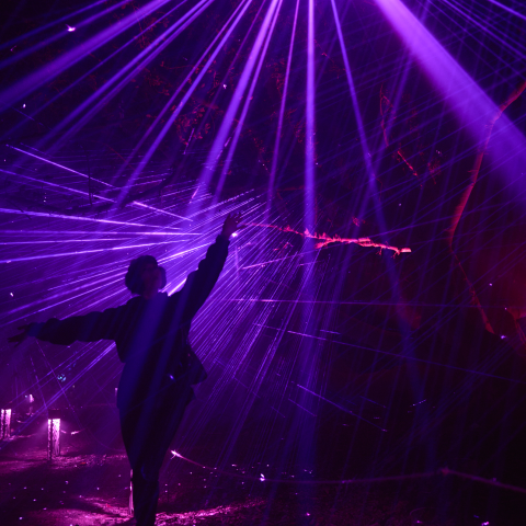 Silhouette of a person dancing amidst vibrant purple laser beams and light projections.